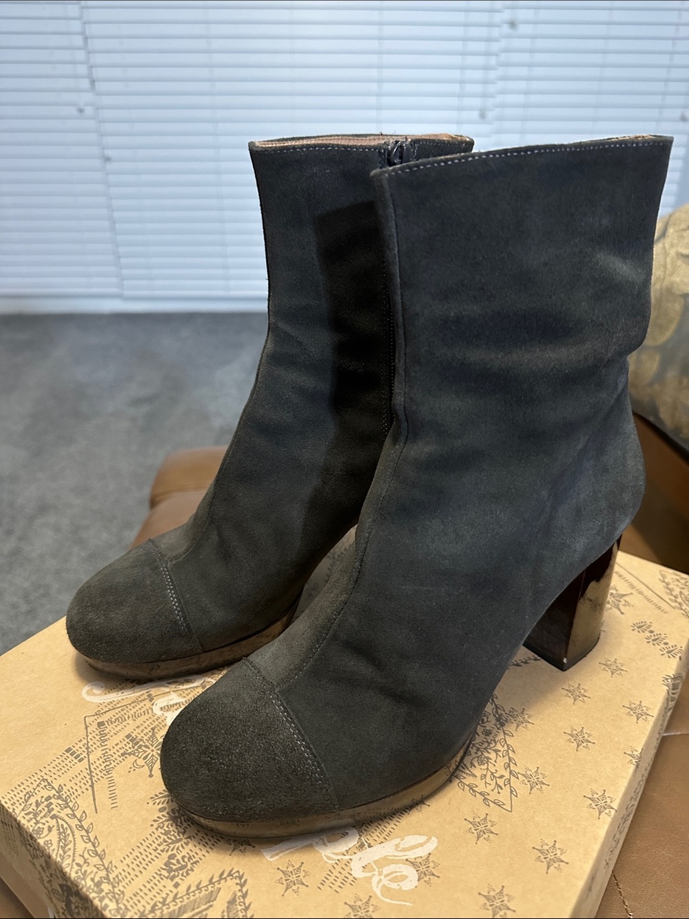 Charcoal Suede Women's Ankle Boots - Classic Block Heel 31/2 heel